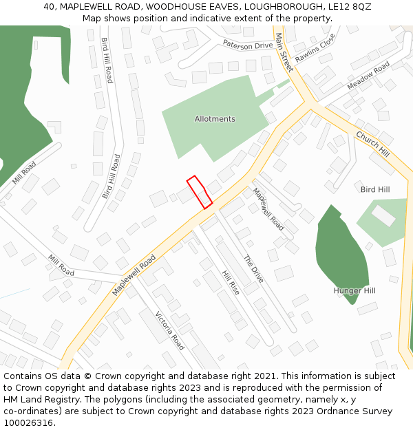 40, MAPLEWELL ROAD, WOODHOUSE EAVES, LOUGHBOROUGH, LE12 8QZ: Location map and indicative extent of plot