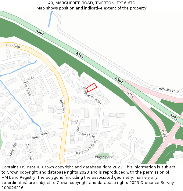 40, MARGUERITE ROAD, TIVERTON, EX16 6TD: Location map and indicative extent of plot