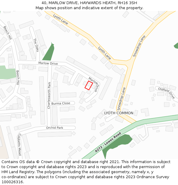 40, MARLOW DRIVE, HAYWARDS HEATH, RH16 3SH: Location map and indicative extent of plot