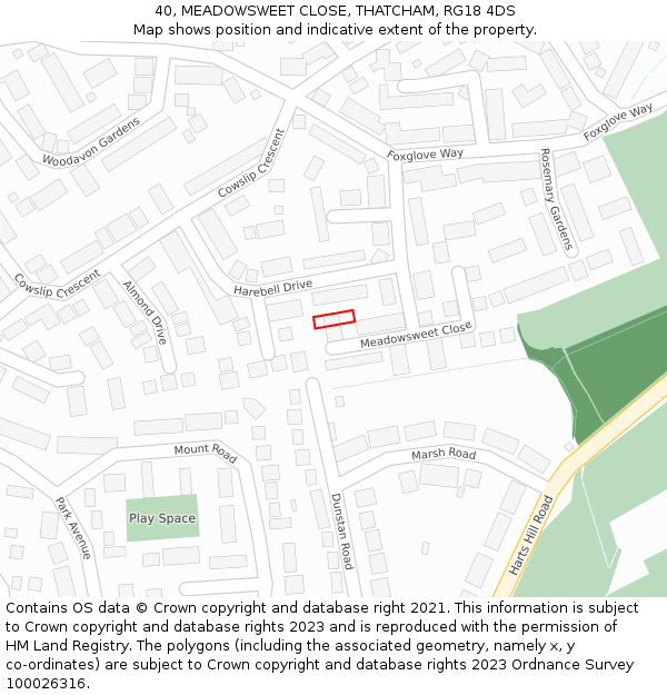 40, MEADOWSWEET CLOSE, THATCHAM, RG18 4DS: Location map and indicative extent of plot