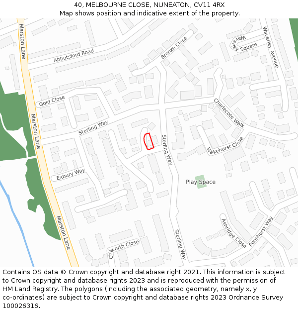 40, MELBOURNE CLOSE, NUNEATON, CV11 4RX: Location map and indicative extent of plot