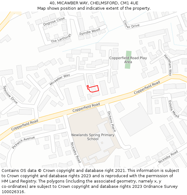 40, MICAWBER WAY, CHELMSFORD, CM1 4UE: Location map and indicative extent of plot