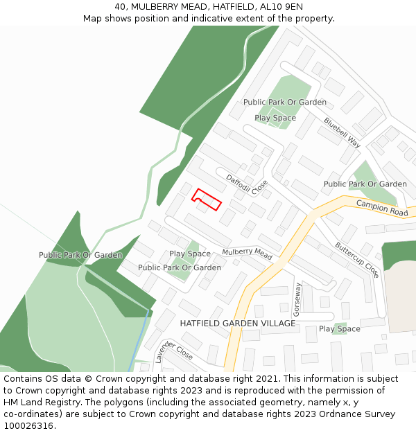 40, MULBERRY MEAD, HATFIELD, AL10 9EN: Location map and indicative extent of plot