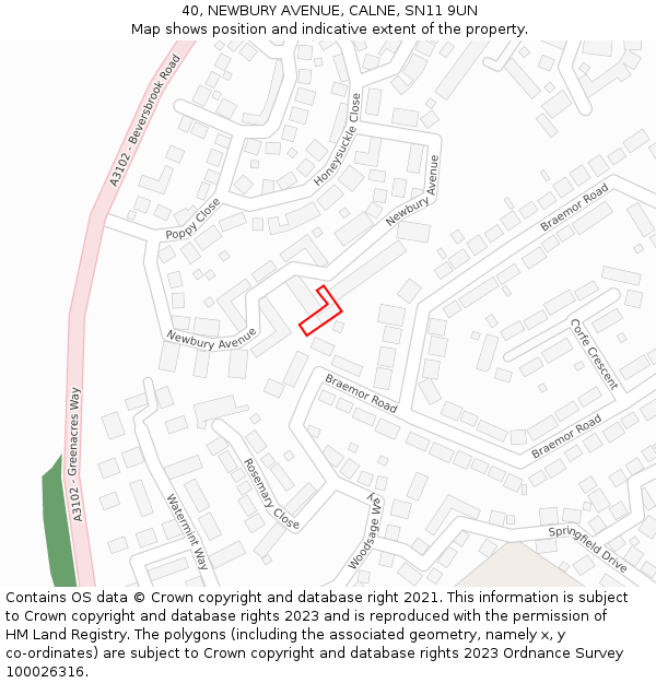 40, NEWBURY AVENUE, CALNE, SN11 9UN: Location map and indicative extent of plot