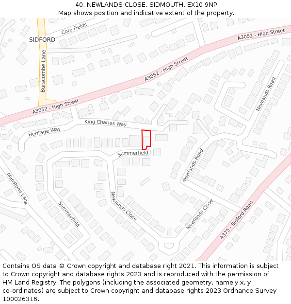 40, NEWLANDS CLOSE, SIDMOUTH, EX10 9NP: Location map and indicative extent of plot