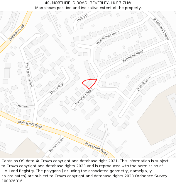 40, NORTHFIELD ROAD, BEVERLEY, HU17 7HW: Location map and indicative extent of plot