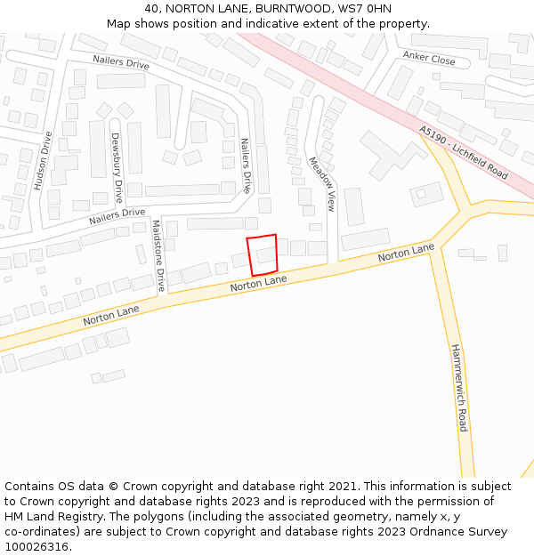 40, NORTON LANE, BURNTWOOD, WS7 0HN: Location map and indicative extent of plot