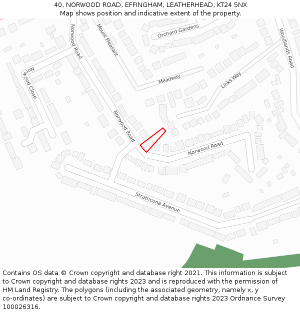 40, NORWOOD ROAD, EFFINGHAM, LEATHERHEAD, KT24 5NX: Location map and indicative extent of plot