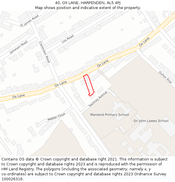 40, OX LANE, HARPENDEN, AL5 4PJ: Location map and indicative extent of plot