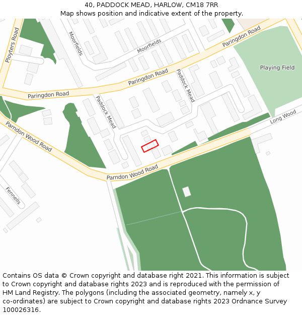 40, PADDOCK MEAD, HARLOW, CM18 7RR: Location map and indicative extent of plot