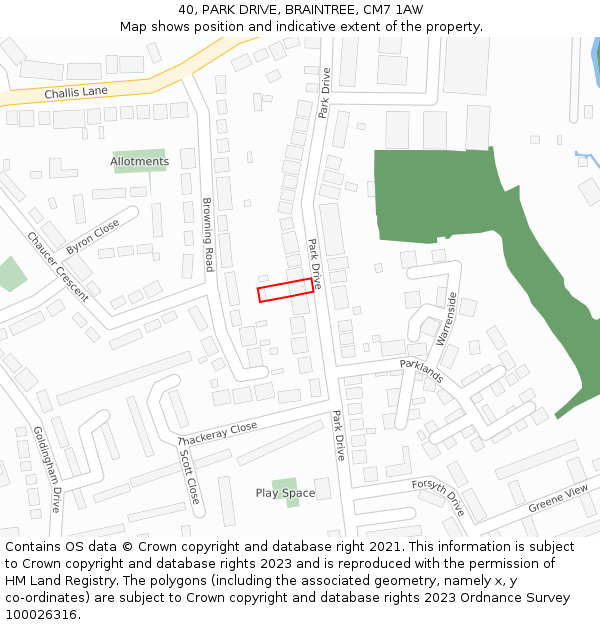 40, PARK DRIVE, BRAINTREE, CM7 1AW: Location map and indicative extent of plot