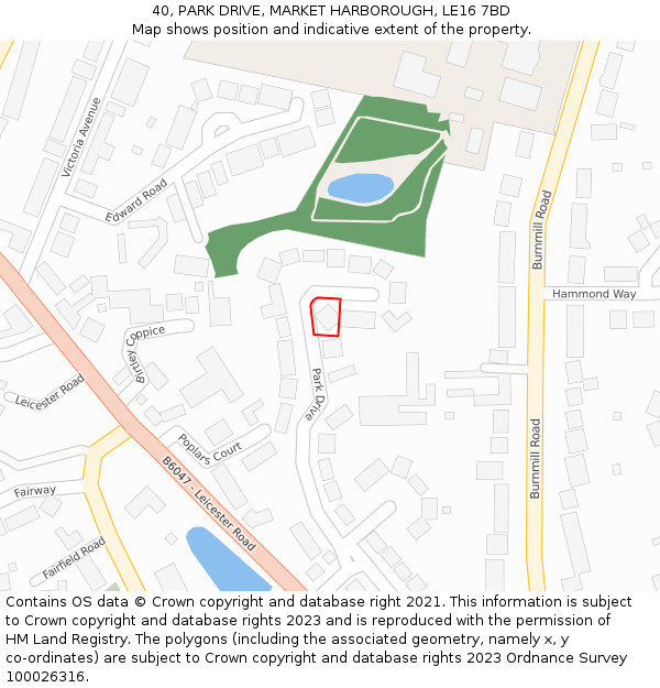 40, PARK DRIVE, MARKET HARBOROUGH, LE16 7BD: Location map and indicative extent of plot