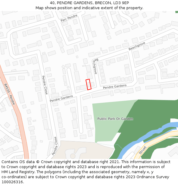 40, PENDRE GARDENS, BRECON, LD3 9EP: Location map and indicative extent of plot