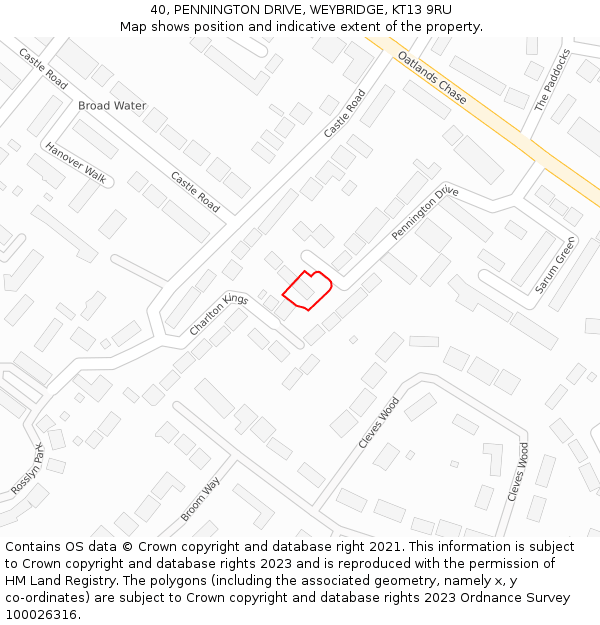 40, PENNINGTON DRIVE, WEYBRIDGE, KT13 9RU: Location map and indicative extent of plot