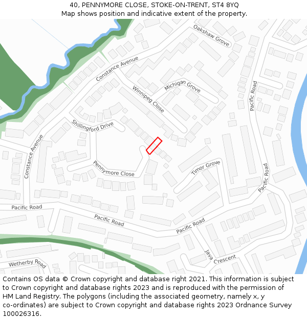 40, PENNYMORE CLOSE, STOKE-ON-TRENT, ST4 8YQ: Location map and indicative extent of plot