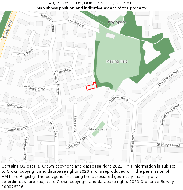 40, PERRYFIELDS, BURGESS HILL, RH15 8TU: Location map and indicative extent of plot