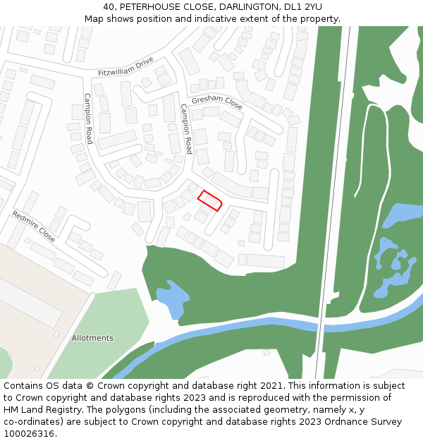 40, PETERHOUSE CLOSE, DARLINGTON, DL1 2YU: Location map and indicative extent of plot