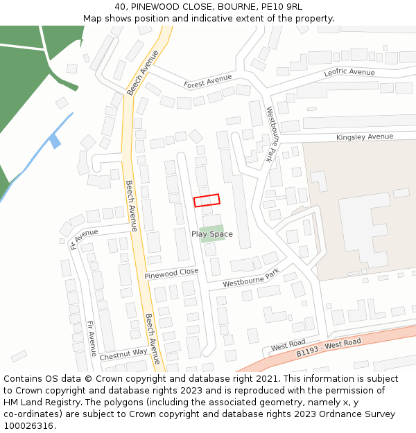 40, PINEWOOD CLOSE, BOURNE, PE10 9RL: Location map and indicative extent of plot