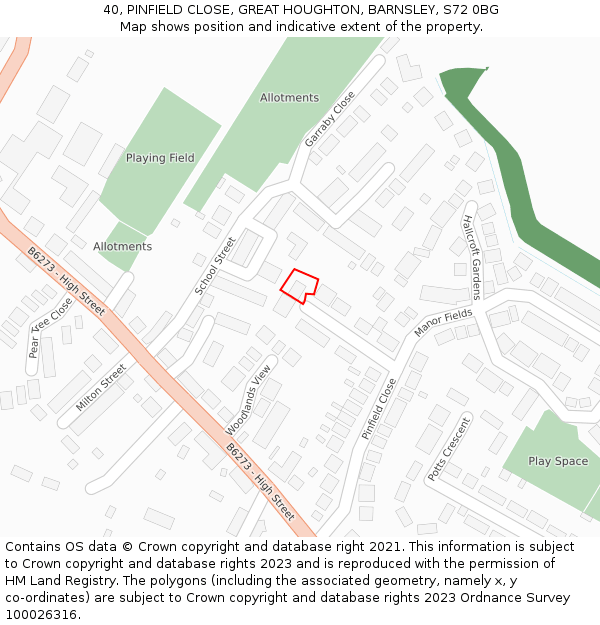 40, PINFIELD CLOSE, GREAT HOUGHTON, BARNSLEY, S72 0BG: Location map and indicative extent of plot