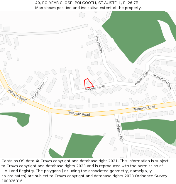 40, POLYEAR CLOSE, POLGOOTH, ST AUSTELL, PL26 7BH: Location map and indicative extent of plot