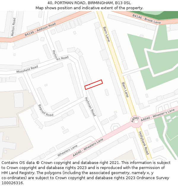 40, PORTMAN ROAD, BIRMINGHAM, B13 0SL: Location map and indicative extent of plot