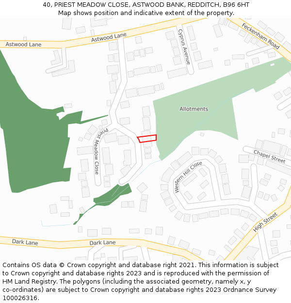40, PRIEST MEADOW CLOSE, ASTWOOD BANK, REDDITCH, B96 6HT: Location map and indicative extent of plot