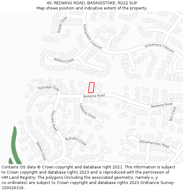 40, REDWING ROAD, BASINGSTOKE, RG22 5UP: Location map and indicative extent of plot