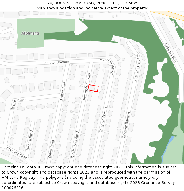 40, ROCKINGHAM ROAD, PLYMOUTH, PL3 5BW: Location map and indicative extent of plot