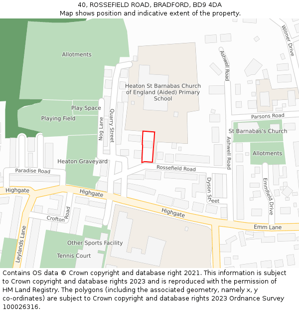 40, ROSSEFIELD ROAD, BRADFORD, BD9 4DA: Location map and indicative extent of plot