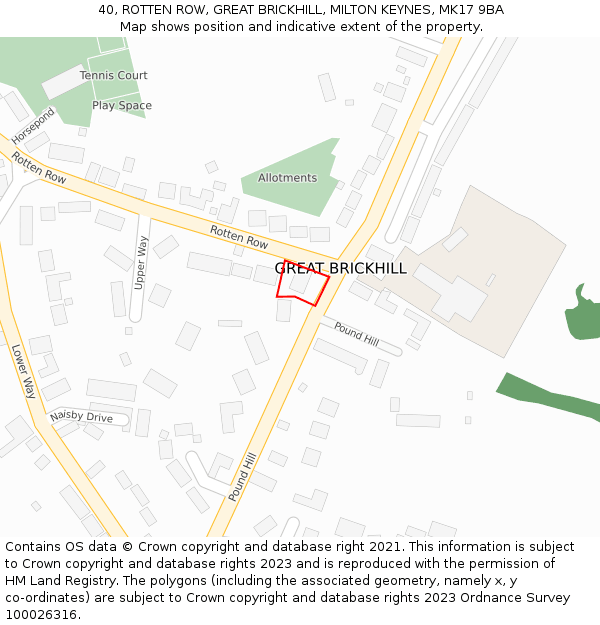 40, ROTTEN ROW, GREAT BRICKHILL, MILTON KEYNES, MK17 9BA: Location map and indicative extent of plot