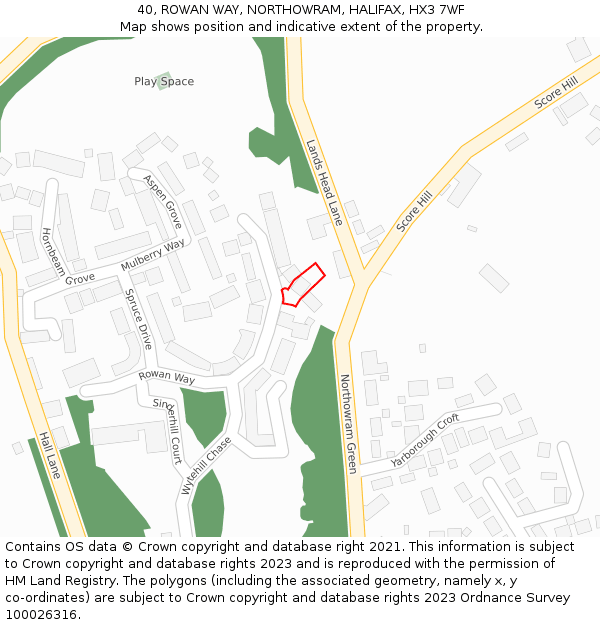 40, ROWAN WAY, NORTHOWRAM, HALIFAX, HX3 7WF: Location map and indicative extent of plot