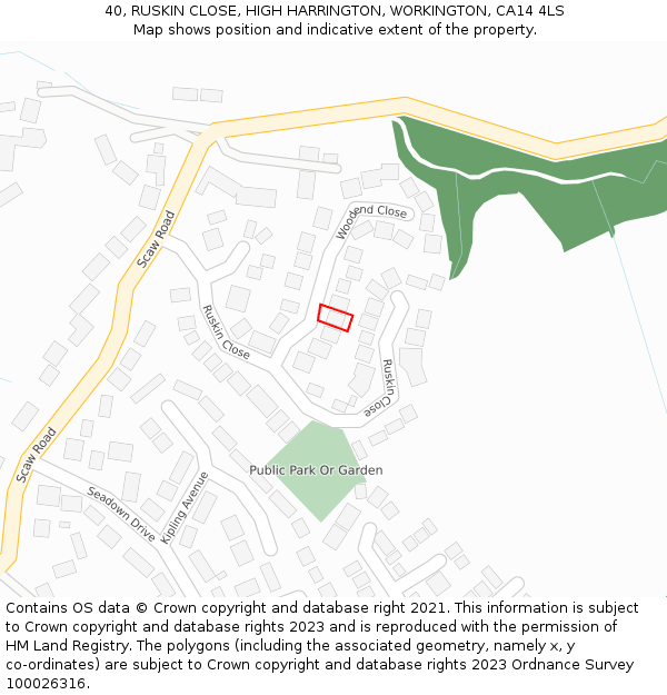 40, RUSKIN CLOSE, HIGH HARRINGTON, WORKINGTON, CA14 4LS: Location map and indicative extent of plot