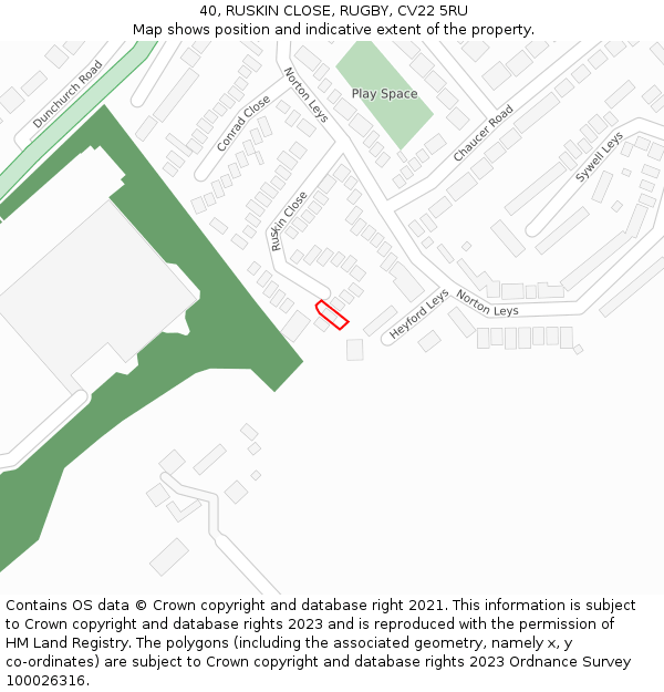 40, RUSKIN CLOSE, RUGBY, CV22 5RU: Location map and indicative extent of plot