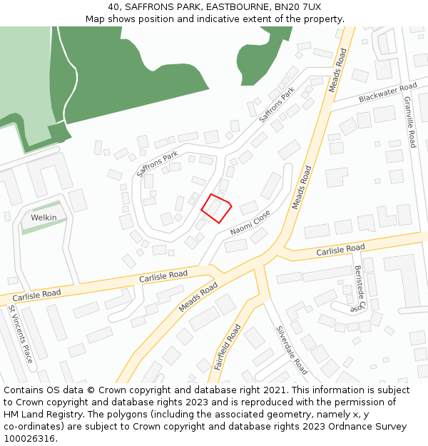 40, SAFFRONS PARK, EASTBOURNE, BN20 7UX: Location map and indicative extent of plot