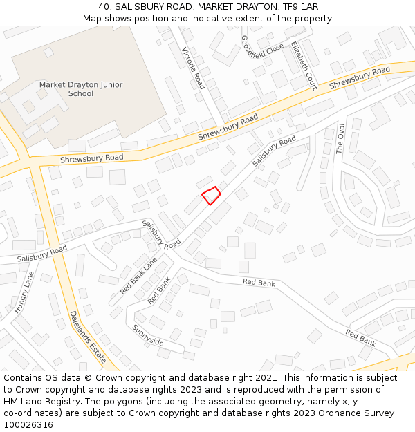 40, SALISBURY ROAD, MARKET DRAYTON, TF9 1AR: Location map and indicative extent of plot