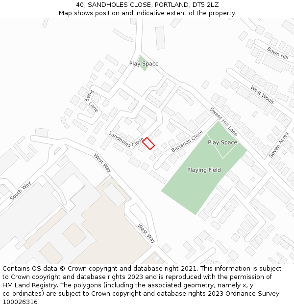 40, SANDHOLES CLOSE, PORTLAND, DT5 2LZ: Location map and indicative extent of plot