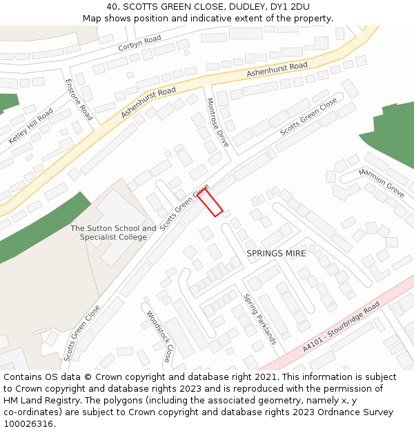 40, SCOTTS GREEN CLOSE, DUDLEY, DY1 2DU: Location map and indicative extent of plot