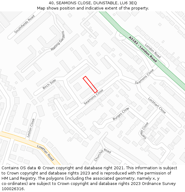 40, SEAMONS CLOSE, DUNSTABLE, LU6 3EQ: Location map and indicative extent of plot