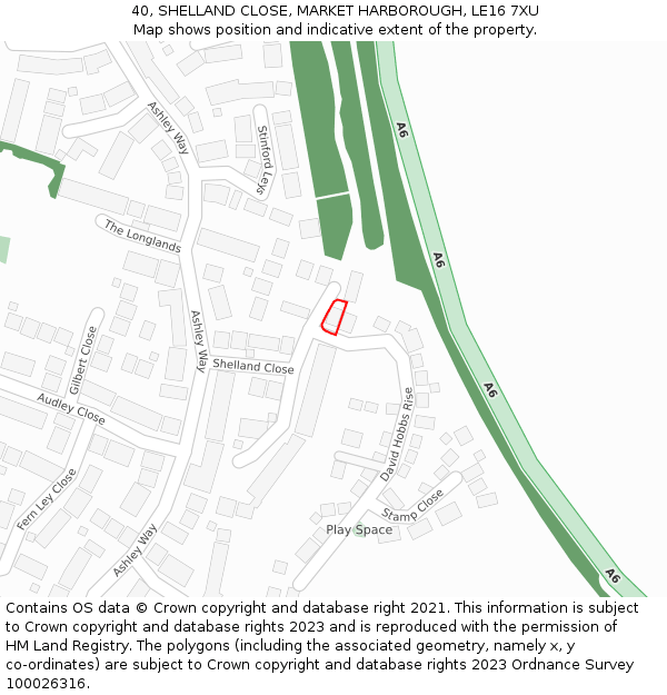 40, SHELLAND CLOSE, MARKET HARBOROUGH, LE16 7XU: Location map and indicative extent of plot