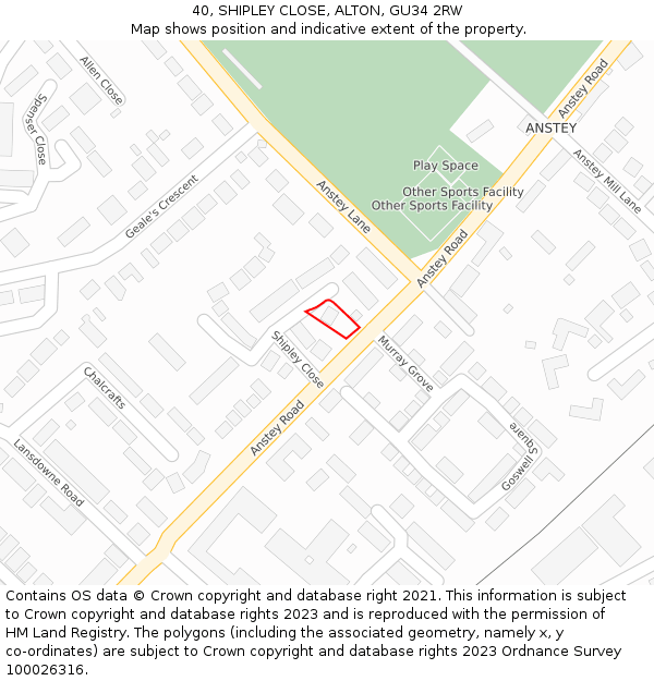 40, SHIPLEY CLOSE, ALTON, GU34 2RW: Location map and indicative extent of plot