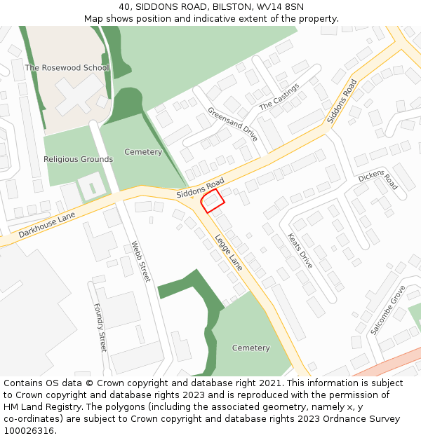 40, SIDDONS ROAD, BILSTON, WV14 8SN: Location map and indicative extent of plot