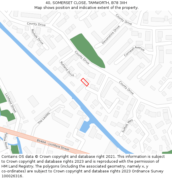 40, SOMERSET CLOSE, TAMWORTH, B78 3XH: Location map and indicative extent of plot