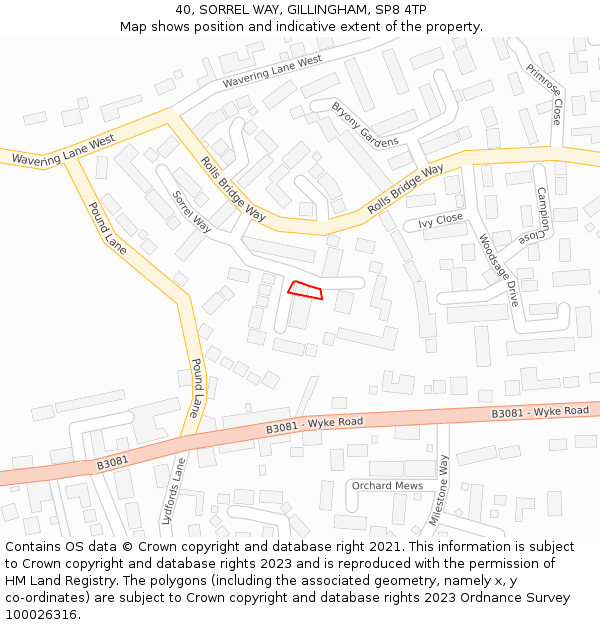 40, SORREL WAY, GILLINGHAM, SP8 4TP: Location map and indicative extent of plot