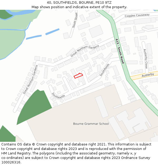 40, SOUTHFIELDS, BOURNE, PE10 9TZ: Location map and indicative extent of plot