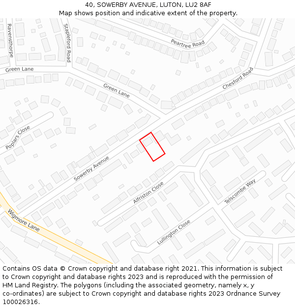 40, SOWERBY AVENUE, LUTON, LU2 8AF: Location map and indicative extent of plot