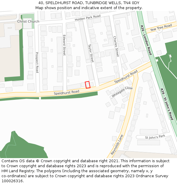 40, SPELDHURST ROAD, TUNBRIDGE WELLS, TN4 0DY: Location map and indicative extent of plot