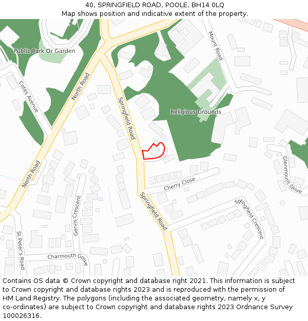 40, SPRINGFIELD ROAD, POOLE, BH14 0LQ: Location map and indicative extent of plot