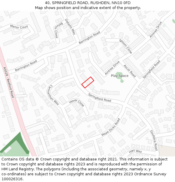 40, SPRINGFIELD ROAD, RUSHDEN, NN10 0FD: Location map and indicative extent of plot