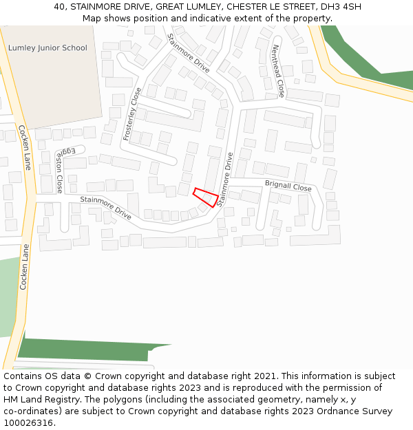 40, STAINMORE DRIVE, GREAT LUMLEY, CHESTER LE STREET, DH3 4SH: Location map and indicative extent of plot