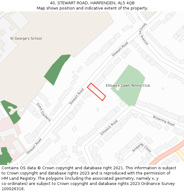 40, STEWART ROAD, HARPENDEN, AL5 4QB: Location map and indicative extent of plot